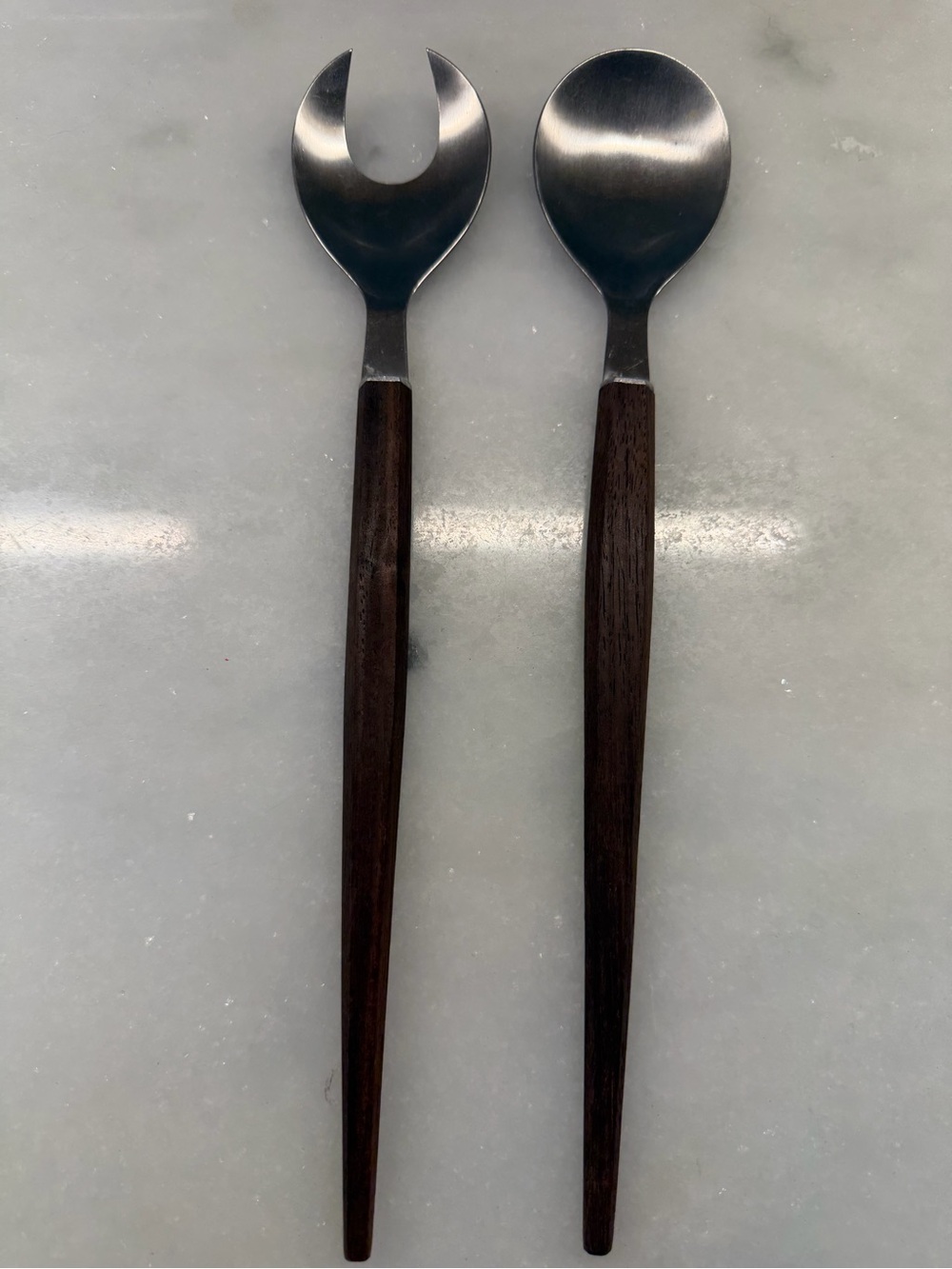 Vintage MCM Japan Teal Wood Handle Stainless Steel Salad Serving Spoon Fork Set